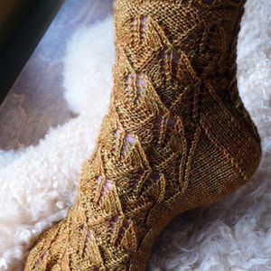 Puede incluir: Un par de calcetines de punto marrón con un patrón de encaje. Los calcetines están hechos con un hilo fino y tienen un diseño delicado e intrincado.