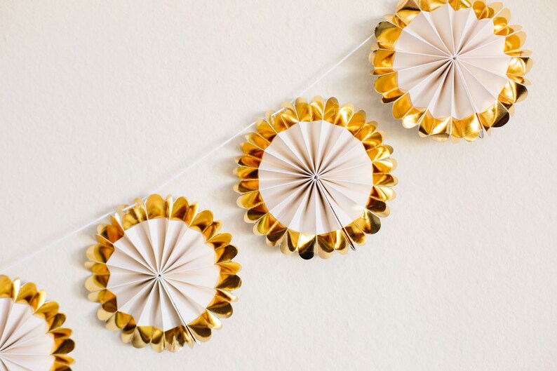 12 Mini Glam Gold Foil Rosette Banner Paper Party Fans White Wedding Baby Shower Pinwheel Backdrop Birthday Anniversary 4 Inch Fans