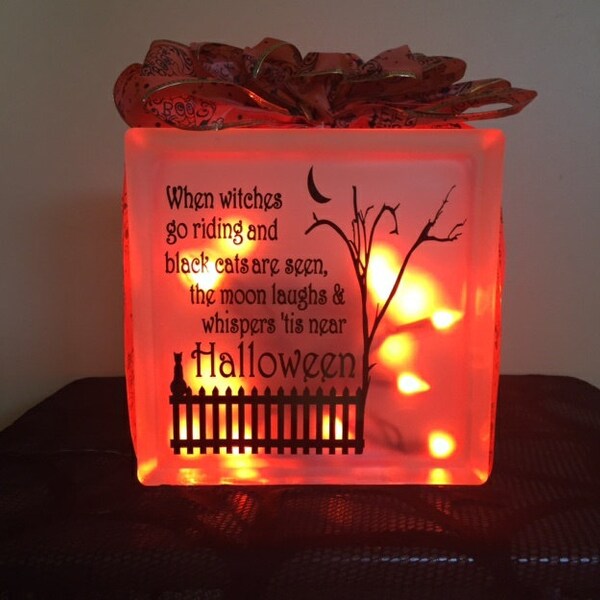 Halloween Decor, Glass Block Decor, Witch Decor, HALLOWEEN IS NEAR Prelit Frosted Glass Block