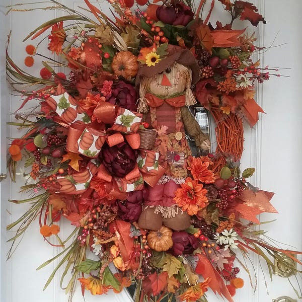 Fall Wreath, Scarecrow Wreath, Front Door Wreath, GRACIE LOU Extra Large Silk Floral Grapevine Seasonal Autumn Front Door Wreath