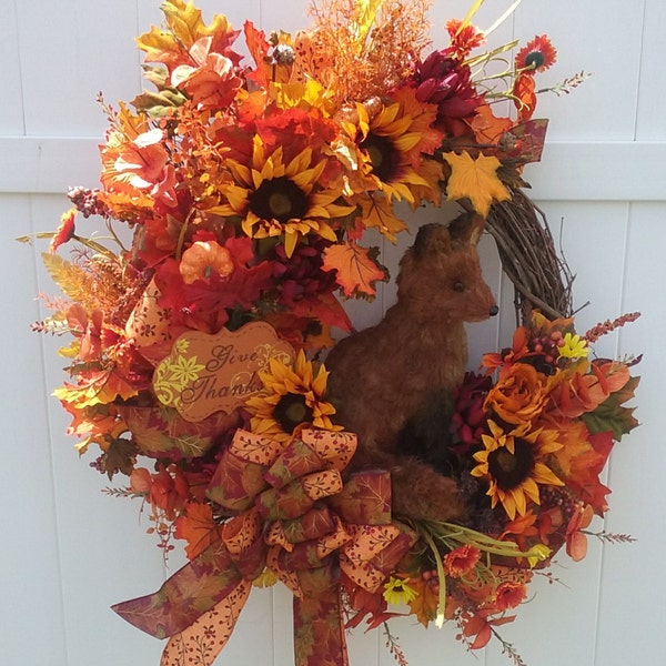CLEARANCE! Autumn Wreath, Thanksgiving Wreath, Sunflower Wreath, SUNFLOWER GLEN Grapevine & Silk Floral Adorable Fox Front Door Wreath