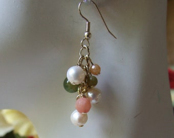 Freshwater pearl, jade and peach quartz cluster  earrings 0645EA