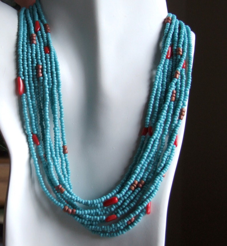 Turquoise and coral multistrand necklace and earrings 0203NK | Etsy