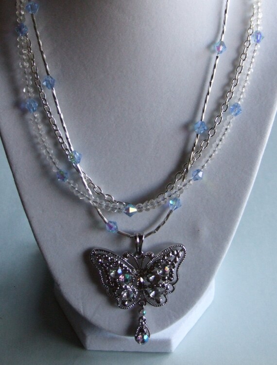 Three Strand Crystal Silver Butterfly Pendant 0273NK - Etsy