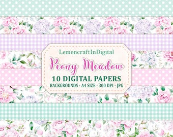 Pacchetto di carte digitali Peonia, motivo floreale a quadretti e pois, stile cottage shabby chic, set per la creazione di biglietti di nozze, download stampabile in formato A4 JPG