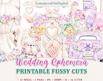 Fussy cuts printable, Wedding ephemera for scrapbooking and album DIY, A4 & US Letter, JPG