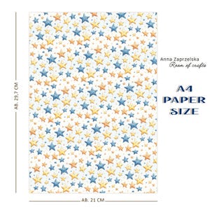 Preview of a single A4 sheet from LITTLE ASTRONAUT - Digital papers and images fussy cut by Anna Zaprzelska Room of Crafts. Features a cute star pattern in blue, orange, and yellow tones. Perfect printable background for cardmaking, scrapbooking, and papercraft projects with a charming space theme.