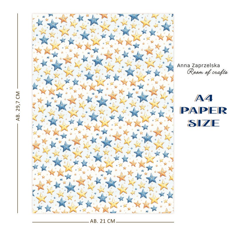 Preview of a single A4 sheet from LITTLE ASTRONAUT - Digital papers and images fussy cut by Anna Zaprzelska Room of Crafts. Features a cute star pattern in blue, orange, and yellow tones. Perfect printable background for cardmaking, scrapbooking, and papercraft projects with a charming space theme.