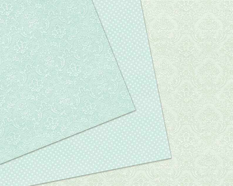 Soft green digital papers from Room of Crafts featuring elegant pastel damask paper and subtle polka dot designs. Perfect for cardmaking, scrapbooking, and creative projects. High-quality digital download ideal for romantic and vintage-inspired handmade crafts.