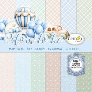 Lemoncraft MOM TO BE – Pacchetto di carta digitale per neonato - Carta stampabile a tema neonato - Kit di scrapbooking per baby shower azzurro pastello - Formato A4 jpg + omaggi