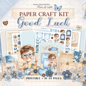 Op de afbeelding: Een papieren knutselpakket in blauwe en beige tinten. Het bevat verschillende papieren met patronen, labels en versieringen. De woorden "PAPER CRAFT KIT Good Luck" staan prominent afgebeeld. De afbeelding bevat illustraties van een jongen met een bril en de tekst "PRINTABLE • 10 A4 PAGES".