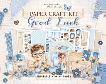 Paper craft kits, printable card making and scrapbooking kit, denim theme, journal ephemera A4 pages