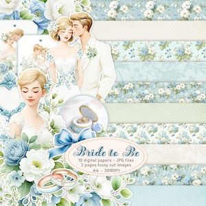 May include: Digital paper pack with a wedding theme. The image features illustrations of a bride and groom, wedding rings, and floral arrangements in shades of blue and white. The text "Bride to Be" is also included.