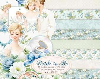 Bride to Be digital papers and fussy cut images for wedding scrapbooking crafts - JPG - digital download
