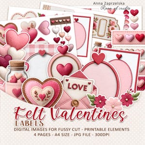Op de afbeelding: Een verzameling roze en rode vilten Valentijnsdaglabels en digitale afbeeldingen. De afbeeldingen bevatten harten, enveloppen met de tekst "LOVE" en decoratieve frames. De tekst "Felt Valentines LABELS" is prominent weergegeven.