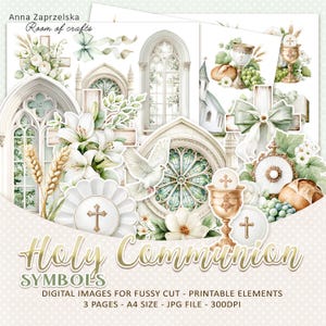 Könnte beinhalten: Digitale Bilder zum sorgfältigen Ausschneiden mit Kommunionssymbolen. Die Bilder zeigen Kreuze, Kelche, Tauben und Blumenarrangements in Weiß, Gold und Grün. Der Text "Holy Communion Symbols" ist in goldener Schrift dargestellt.