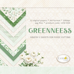 Lemoncraft GREENNEESS - Green digital papers - Printable scrapbook backgrounds - A4 digital paper pack - FREE Fussy cut images included