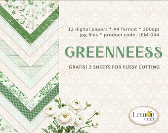 Green Digital Paper Pack: Lemoncraft GREENNEESS, Scrapbook Backgrounds (A4)