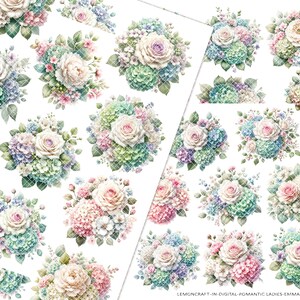 Preview of free floral pages fussy cut included with the digital papers set from Room of Crafts. Beautiful pastel flower bouquets in vintage watercolor style, perfect for scrapbooking, cardmaking, and paper crafts. High-quality digital download ready for creative projects.