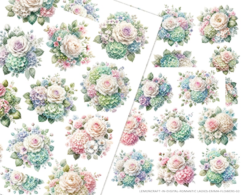 Preview of free floral pages fussy cut included with the digital papers set from Room of Crafts. Beautiful pastel flower bouquets in vintage watercolor style, perfect for scrapbooking, cardmaking, and paper crafts. High-quality digital download ready for creative projects.