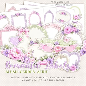 May include: A collection of printable digital images featuring romantic labels with floral and decorative frame designs. The labels are in shades of pink, purple, and green, with the text "Romantic Labels" and "Blush Garden Serie".
