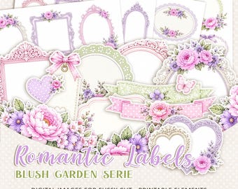 Romantic labels printable ephemera, Blush Garden watercolor fussy cut images, wedding frames, A4 JPG