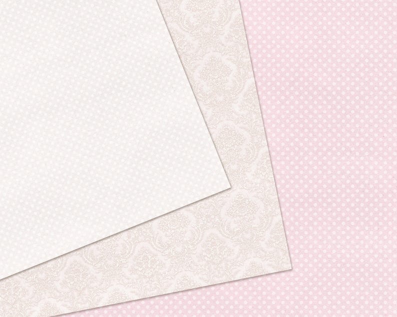 Soft and elegant digital paper pack featuring pastel damask background and subtle polka dot designs in cream and pink tones. Perfect for paper craft, cardmaking, scrapbooking, and exploding boxes. High-quality printable papers ideal for creating romantic, delicate handmade projects.