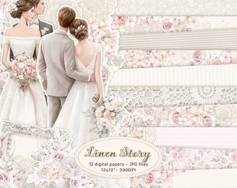Linen Story digitaal papier voor kaarten maken en doe-het-zelf-12 plakboekachtergronden JPG 12 x 12 - Shabby chic bruiloft printables + kieskeurige gesneden afbeeldingen
