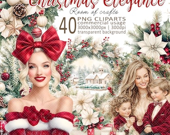 CHRISTMAS ELEGANCE - 40 png clipart set with women, florals and festive scenes for DIY and paper crafts | Instant download