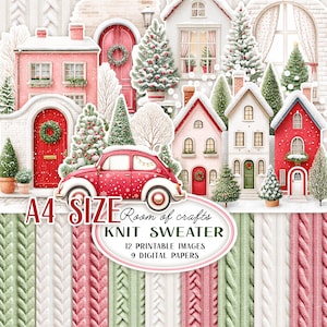 Pode incluir: Um pacote de papel digital com tema de vila de inverno. A imagem apresenta um carro vermelho, casas cobertas de neve, árvores de Natal e padrões de camisolas de malha. O texto diz "A4 SIZE" e "Knit Sweater". Inclui 12 imagens imprimíveis e 9 papéis digitais.