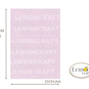 Preview of a single A4 sheet from the Pastel Damask digital papers collection by Lemoncraft. Elegant lilac damask background with delicate pastel patterns, perfect for cardmaking and scrapbooking projects. This image shows the actual dimensions of one printable A4 page for creative papercraft use.