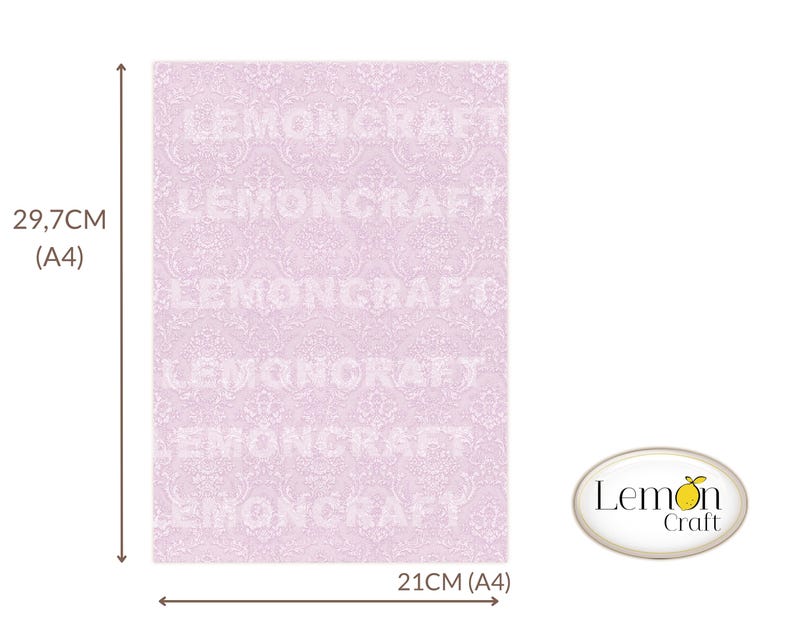 Preview of a single A4 sheet from the Pastel Damask digital papers collection by Lemoncraft. Elegant lilac damask background with delicate pastel patterns, perfect for cardmaking and scrapbooking projects. This image shows the actual dimensions of one printable A4 page for creative papercraft use.
