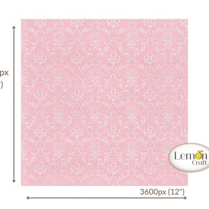Preview of a single 12" sheet from the Pastel Damask papers collection by Lemoncraft. Elegant digital background with soft pink pastel patterns, perfect for cardmaking and scrapbooking projects. This pastel damask design shows the actual dimensions of one 12x12 inch printable paper for creative use.