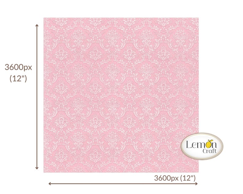 Preview of a single 12" sheet from the Pastel Damask papers collection by Lemoncraft. Elegant digital background with soft pink pastel patterns, perfect for cardmaking and scrapbooking projects. This pastel damask design shows the actual dimensions of one 12x12 inch printable paper for creative use.