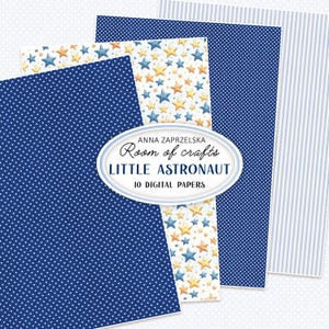 Preview of LITTLE ASTRONAUT - Digital papers and images fussy cut, a space theme printables collection by Anna Zaprzelska Room of Crafts. Features blue starry patterns, stripes, and celestial motifs - perfect for creating handmade cards, scrapbooking albums, and creative DIY paper crafts inspired by the cosmos.