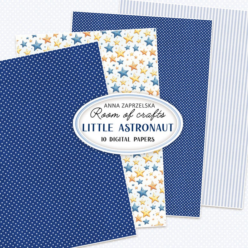 Preview of LITTLE ASTRONAUT - Digital papers and images fussy cut, a space theme printables collection by Anna Zaprzelska Room of Crafts. Features blue starry patterns, stripes, and celestial motifs - perfect for creating handmade cards, scrapbooking albums, and creative DIY paper crafts inspired by the cosmos.