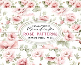 CARTA DIGITALE ROSE - Confezione di carta con rose rosa shabby chic (fogli A4, download digitale)