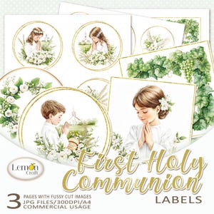 Lemoncraft FIRST HOLY COMMUNION Etiketten - Christliche wählerische Schnitte - Digitale religiöse Clipart - Wählbarer Kommunionschnitt - Kommunionkartenherstellung