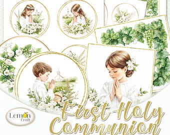 Etiketten eerste communie: aquarel clipart, kaarten maken (digitale download)