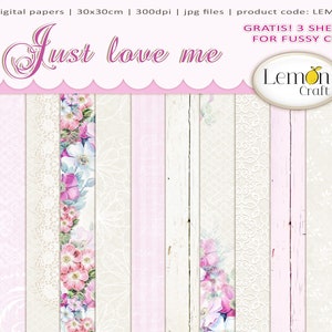 Papiers de scrapbooking numériques, lot de papiers de scrapbooking Just love me, papiers numériques Lemoncraft, papiers pour carte, arrière-plans numériques floraux