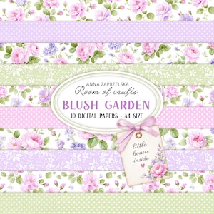 May include: Digital paper set featuring floral and polka dot patterns in shades of pink, purple, and green. The text "BLUSH GARDEN" and "10 DIGITAL PAPERS - A4 SIZE" are visible. A tag with the text "little bonus inside" is attached.
