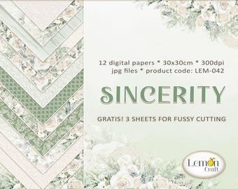Lemoncraft SINCERITY デジタル スクラップブッキング ペーパー | 緑とベージュの背景 | エレガントな花柄のペーパー パック | DIY クラフトにすぐにダウンロード