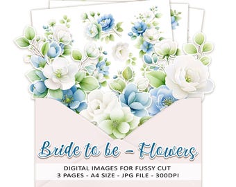 Bride to be Flowers - Blue and white fussy cut images for scrapbooking and cardmaking, digital download