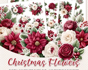 CHRISTMAS FLOWERS fussy cut images | 142 printable floral elements | Instant download | JPG files