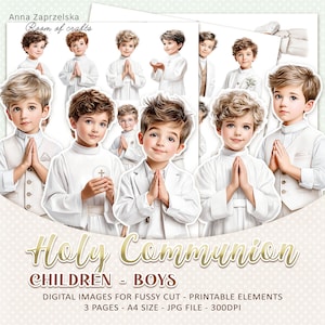 Puede incluir: Imágenes digitales con ilustraciones de niños pequeños vestidos de blanco, con las manos juntas en oración. Las imágenes están etiquetadas como "Holy Communion" y "Children - Boys". El texto indica elementos imprimibles, 3 páginas, tamaño A4 y archivo JPG a 300 DPI.