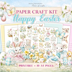 Puede incluir: Un kit de manualidades en papel con el tema "Felices Pascuas". La imagen presenta ilustraciones de conejitos de Pascua, pollitos, huevos y flores. El kit incluye páginas imprimibles con varios diseños. El texto "PRINTABLE • 10 A4 PAGES" también es visible.