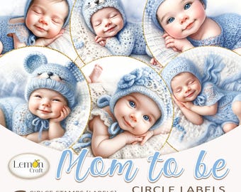 Mom To Be Circle Labels: Pastel Blue Baby Ephemera (Digital Download)