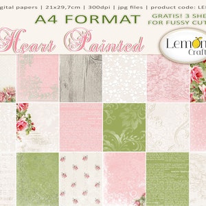 Papéis Lemoncraft HEART PAINTED, imprimíveis em A4, fundo digital, download instantâneo, conjunto de papéis para scrapbooking digital, papéis florais românticos