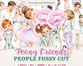 People fussy cuts, Peony friends printable images for cards and DIY albums, A4 & US letter JPG