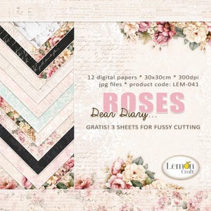 Lemoncraft DEAR DIARY - Confezione di carta per scrapbooking digitale ROSE / 12 fogli jpg + fogli di taglio A4 gratuiti / Disegni floreali vintage